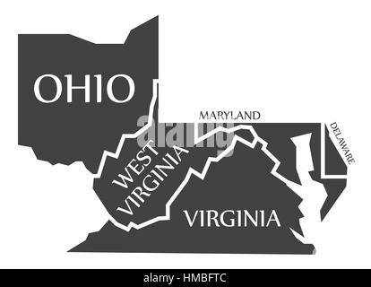 Ohio - West Virginia - Virginia - Maryland - Delaware Map labelled black illustration Stock Vector