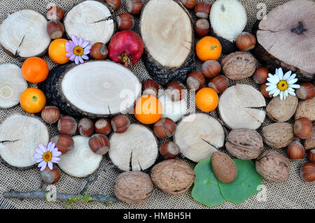 Abstracto con maderas, naranjas, granada, nueces y avellanas Stock Photo