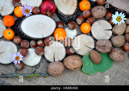 Abstracto con maderas, naranjas, granada, nueces y avellanas Stock Photo