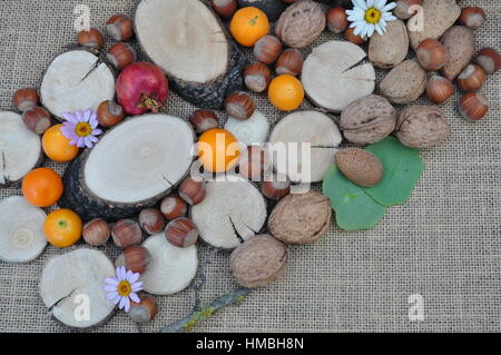 Abstracto con maderas, naranjas, granada, nueces y avellanas Stock Photo