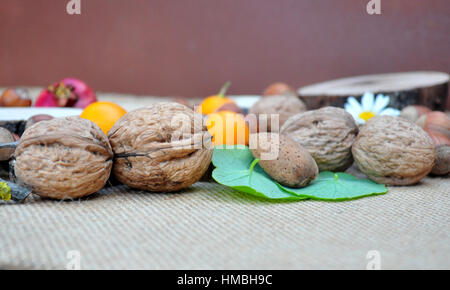 Abstracto con maderas, naranjas, granada, nueces y avellanas Stock Photo