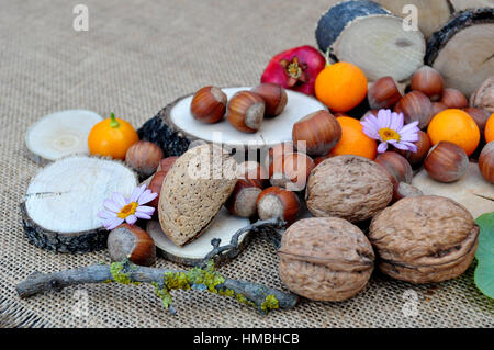 Abstracto con maderas, naranjas, granada, nueces y avellanas Stock Photo