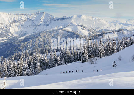 La Giettaz, small valley 'Val d'Arly' (Savoy, French Alps): mountainous landscape covered in snow Stock Photo