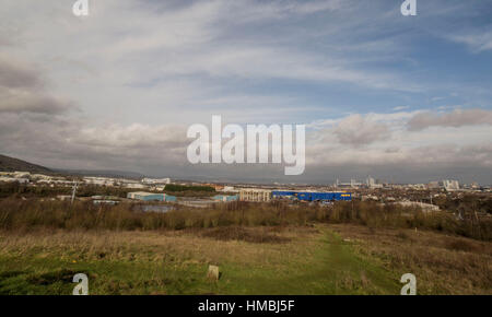 General view across Cardiff and the surrounding region showing the Principality Stadium (centre right) and Cardiff City Stadium (centre left). Stock Photo