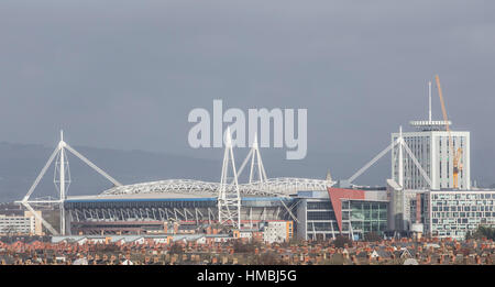 The Principality Stadium in Cardiff City Centre, Cardiff, Wales, UK, pictured from a distance. Stock Photo