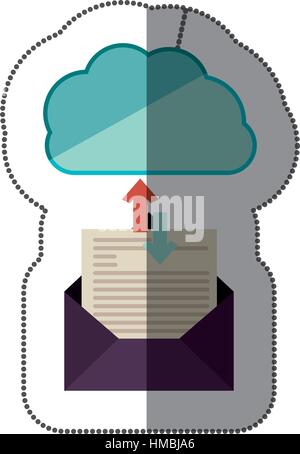 sticker blue cloud with arrows in opposite direction shape with blank paper envelopes transfer information Stock Vector