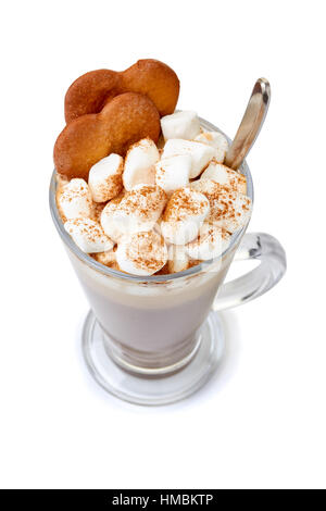 Hot chocolate with marshmallows and ginger cookies in glass cup on white Stock Photo