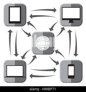 Electronic device grey icons connected to the web and each other isolated on a white background Stock Photo