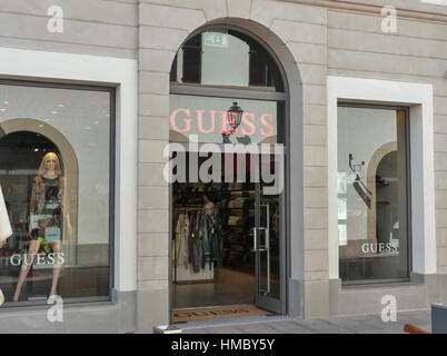 MUGELLO, ITALY - SEPTEMBER 11, 2014: Facade of Guess store in McArthurGlen Designer Outlet Barberino situated in 30 minutes from Florence. McArthurGle Stock Photo