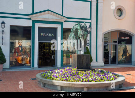 MUGELLO, ITALY - SEPTEMBER 11, 2014: Facade of Prada store in McArthurGlen Designer Outlet Barberino situated in 30 minutes from Florence. Prada is an Stock Photo