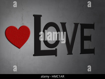 red heart of stone on concrete texture background with word love Stock Photo