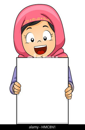 Illustration of a Muslim Girl Wearing a Headscarf Holding a Blank Board Stock Photo