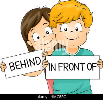 Illustration of a Little Boy and Girl Demonstrating What Behind and In Front Of Mean Stock Photo