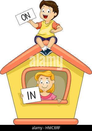 Illustration of a Little Boy and Girl Demonstrating The Use of In and On Stock Photo