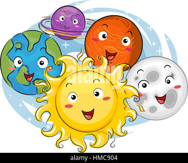 Mascot Illustration of the Sun Surrounded by the Planets of the Solar System Stock Photo