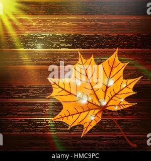 Autumn Leaf template with water droplets on wood. plus EPS10 vector file Stock Vector