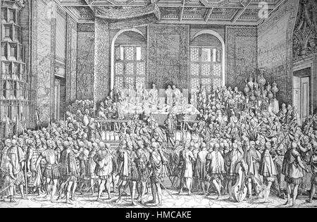 Ferdinand I, 1503 - 1564, was Holy Roman Emperor from 1558, king of Bohemia and Hungary from 1526, and king of Croatia from 1527 until his death. Here a big banquet, photo or illustration, published 1892, digital improved Stock Photo