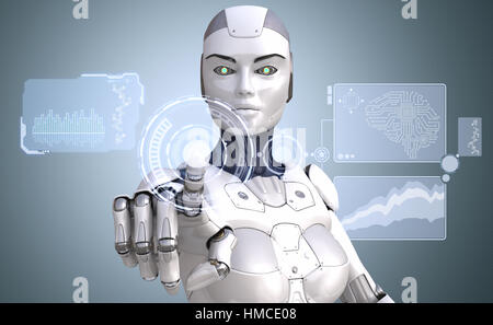 Robot is working with high tech touchscreen. 3D illustration Stock Photo