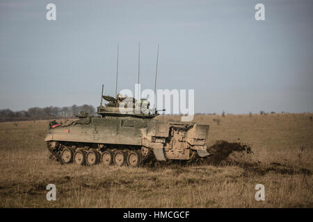 19th Regiment Royal Artillery (Scottish Gunners) Warrior tracked vehicle on manoeuvres on Salisbury Plain Training Area. Stock Photo