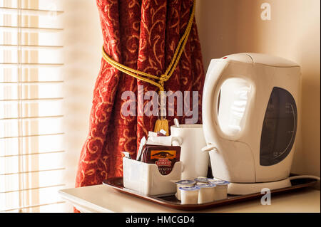 Tea and coffee making facilities in a B&B with copy space. Stock Photo
