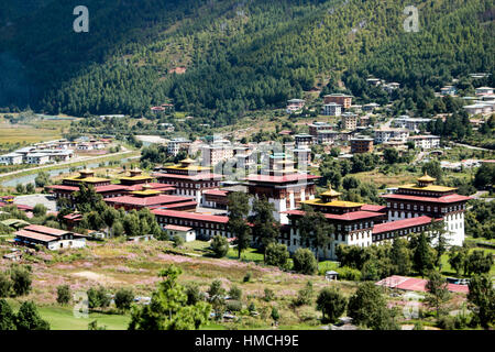 Bhutan Paro Thimphu area dzong monastery  temple in the City Aerial view Stock Photo