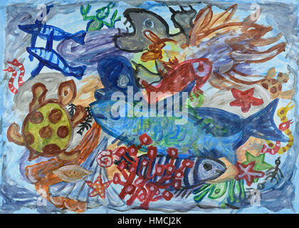 Underwater world abstract acrylic painting. Stock Photo