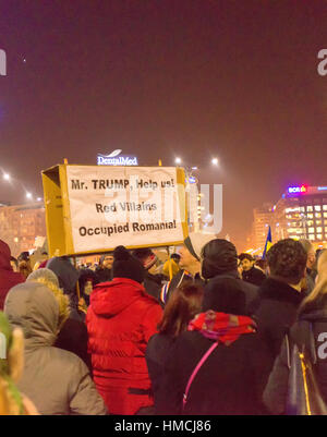 Bucharest, Romania - January  2017: Thousand people marched through the Romanian capital on Wednesday night to protest the government's plan to pardon Stock Photo