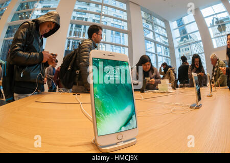 An iPhone 7 Plus, in Chinese language in the temporary Apple store on Fifth Avenue in New York while the original store undergoes renovation on Monday, January 30, 2017. Apple is scheduled to release its fourth quarter results which include what analysts' predict are strong sales of the iPhone 7. (© Richard B. Levine) Stock Photo