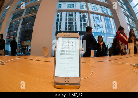 An iPhone 7 Plus in the temporary Apple store on Fifth Avenue in New York while the original store undergoes renovation on Monday, January 30, 2017. Apple is scheduled to release its fourth quarter results which include what analysts' predict are strong sales of the iPhone 7. (© Richard B. Levine) Stock Photo