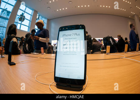 An iPhone 7 Plus in the temporary Apple store on Fifth Avenue in New York while the original store undergoes renovation on Monday, January 30, 2017. Apple is scheduled to release its fourth quarter results which include what analysts' predict are strong sales of the iPhone 7. (© Richard B. Levine) Stock Photo