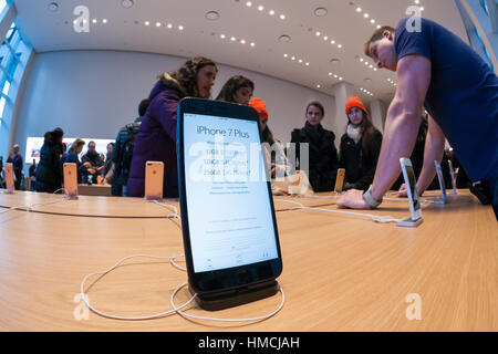 An iPhone 7 Plus in the temporary Apple store on Fifth Avenue in New York while the original store undergoes renovation on Monday, January 30, 2017. Apple is scheduled to release its fourth quarter results which include what analysts' predict are strong sales of the iPhone 7. (© Richard B. Levine) Stock Photo