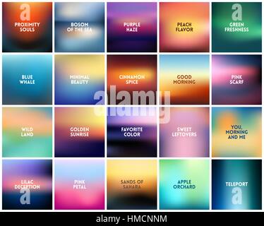 BIG set of 20 square blurred nature backgrounds. With various quotes. Sunset and sunrise sea blurred background Stock Vector