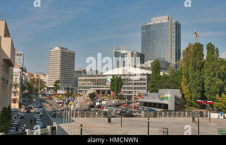 KIEV, UKRAINE - AUGUST 07: People walk along Palace of Sports on August 07, 2013 in Kiev, Ukraine. Sport-concert complex capacity 10,000 people was bu Stock Photo