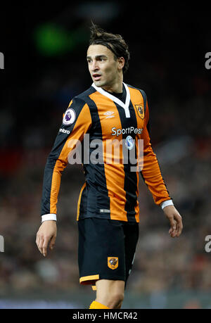 Hull City's Lazar Markovic during the Premier League match at Old Trafford, Manchester. PRESS ASSOCIATION Photo. Picture date: Wednesday February 1, 2017. See PA story SOCCER Man Utd. Photo credit should read: Martin Rickett/PA Wire. RESTRICTIONS: EDITORIAL USE ONLY No use with unauthorised audio, video, data, fixture lists, club/league logos or 'live' services. Online in-match use limited to 75 images, no video emulation. No use in betting, games or single club/league/player publications. Stock Photo