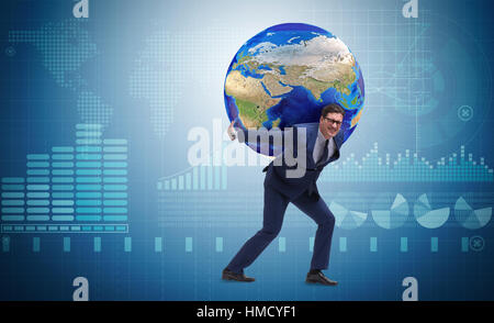 Businessman carrying Earth on his shoulders Stock Photo