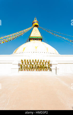 Eyes on white second level of Boudhanath Stupa in Kathmandu, Nepal on October 23, 2013 before earthquake. Vertical Stock Photo