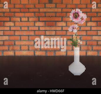 Vector illustration of pink flower in vase dot style on table and brick wall triangle pattern background Stock Vector