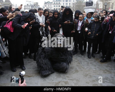 A performer in an animatronic gorilla suit in Trafalgar Square, London, interacts with members of the public during a promotion by the Uganda Tourism Board to highlight Uganda as a holiday destination. Stock Photo