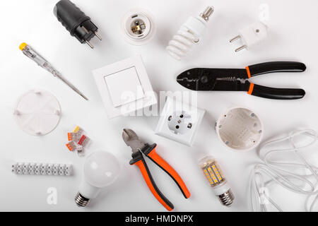 electrical tools and equipment on white background. top view Stock Photo