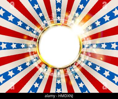 Patriotic background United States of America with sparks. USA flag color round frame. American Memorial Day or Independence Day golden ring concept Stock Vector