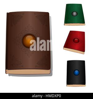 Vector book with ornament and jewelery stone. Magic old book cover icon set Stock Vector