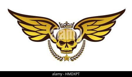 Vector golden tattoo or logo with crowned skull, wings, laurel wreath. Isolated on white background. Royal design for air force, biker or MMA fighter Stock Vector