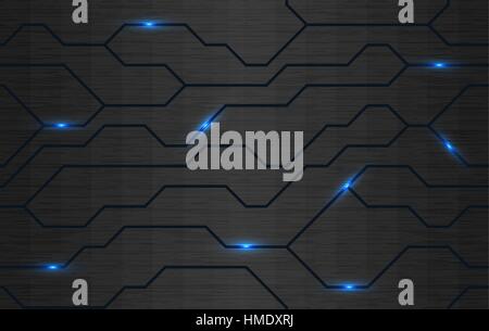 Seamless vector futuristic dark iron techno texture. Blue abstract electron energy line on brushed black metal background. Power vein tech pattern Stock Vector
