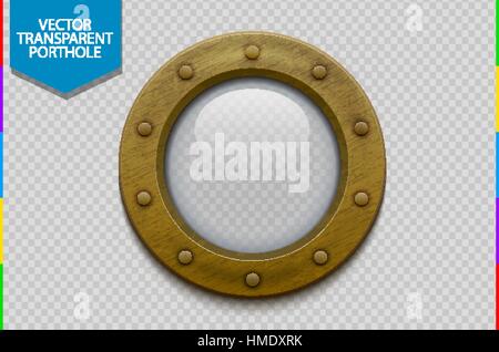 Illustration of a bronze or brass ship porthole with glass. Isolated on transparent background. Rivets mount Stock Vector
