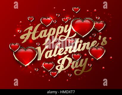 Happy Valentine's Day golden lettering Greeting Card with glossy 3d heart and light effect. Red love background, vector illustration Stock Vector