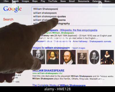Google search engine page showing results for a search for information about William Shakespeare. Stock Photo