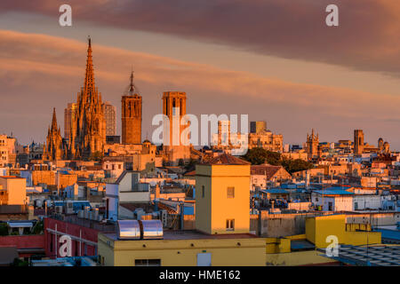 Old town cityscape at sunset, Barcelona, Catalonia, Spain Stock Photo