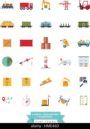 Collection of flat design isolated cargo, transport and logistics isolated icons Stock Vector