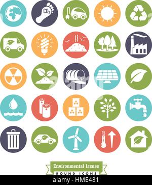 Collection of Environment and Climate Change related round color vector icons Stock Vector