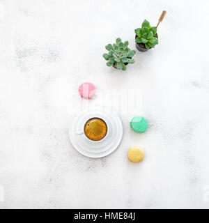Coffee, macarons cookies, succulent plants on white table background. Flat lay Stock Photo